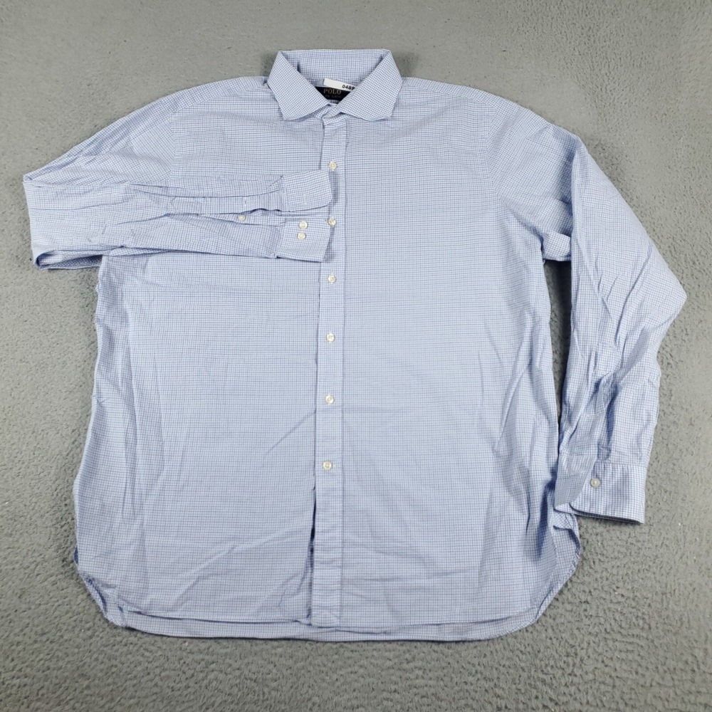 Ralph Lauren Shirt Mens 17.5 Blue Plaid Dress Button Up Long Sleeve *